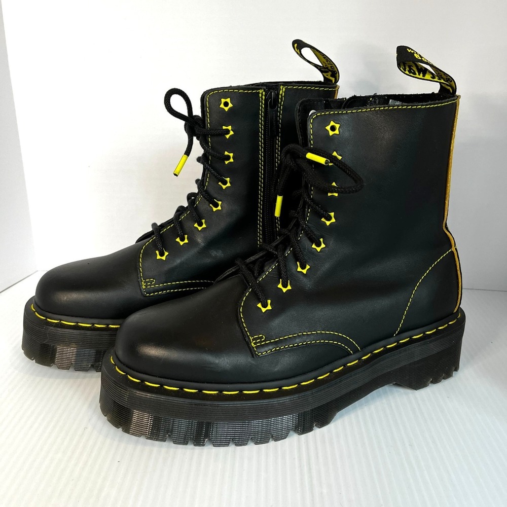 Dr. Martens Jadon II Star Leather Platform Boots Black Yellow Mens 10 Womens 11